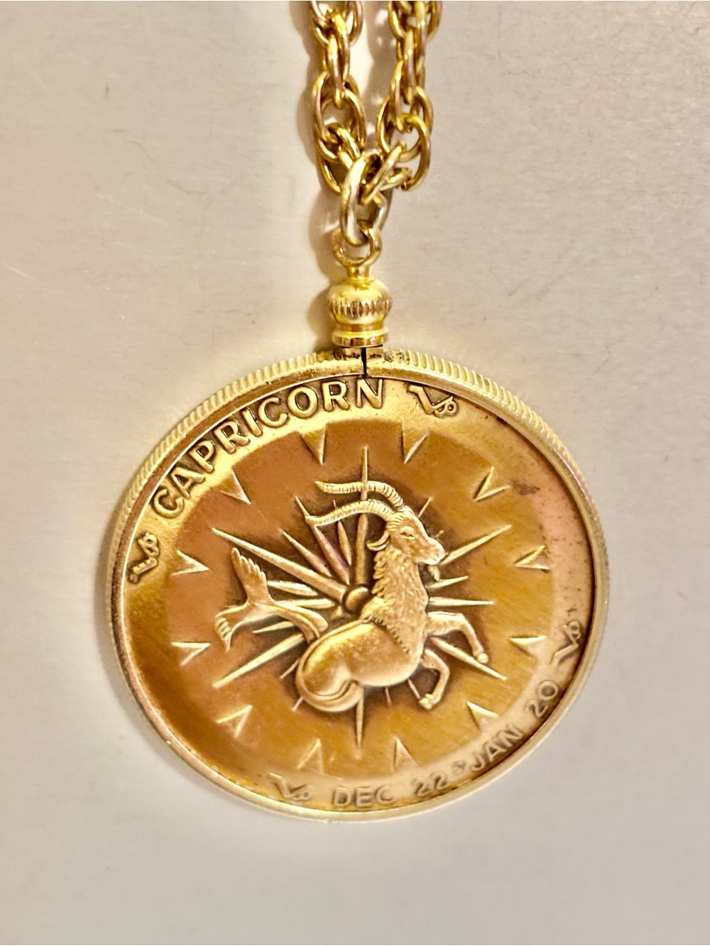 1970s Capricorn Zodiac Medallion Coin Necklace Pendant